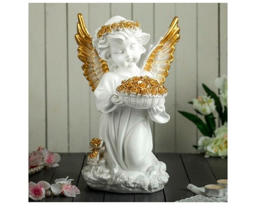 Ангел с корзинкой с цветов 32cm белый с золотом 