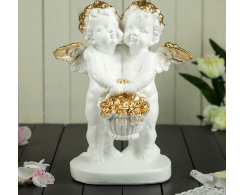 Ангел пара с корзинкой с цветов 24.5cm белый с золотом 
